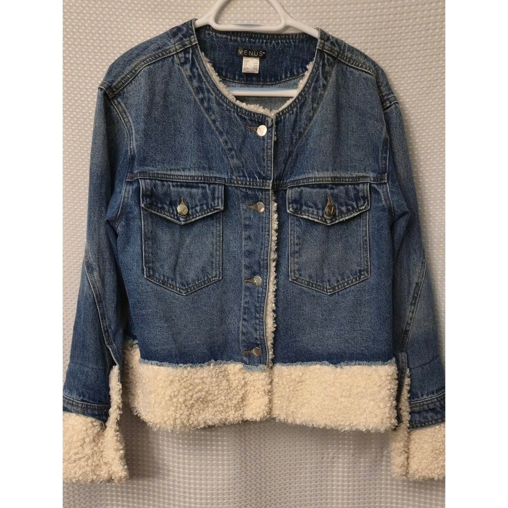 Venus Blue Denim Sherpa Trim Jacket Women Large Cream Faux Fur Collarless Coat